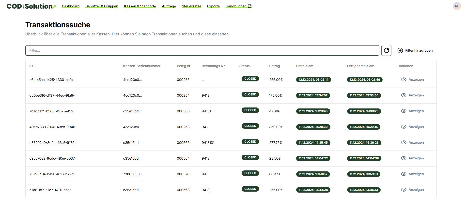 Weboffice – Transaktionssuche